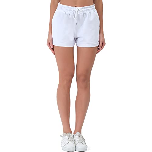 Smith & Solo Pantalones Cortos Mujer de Algodón, Shorts Mujer, Pantalon Corto Deporte Mujer, Pantalones Cortos de Verano, Short Deportivo de Mujer para Fitness, Correr, Yoga (Blanco, L)