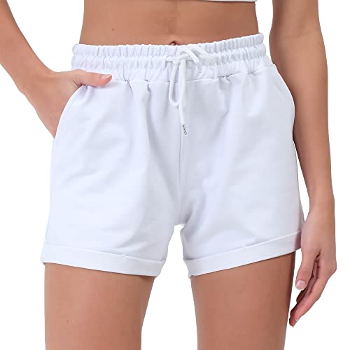 Smith & Solo Pantalones Cortos Mujer de Algodón, Shorts Mujer, Pantalon Corto Deporte Mujer, Pantalones Cortos de Verano, Short Deportivo de Mujer para Fitness, Correr, Yoga (Blanco, L)