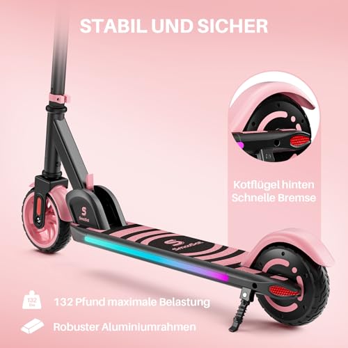 SmooSat E9 Apex Scooter Eléctrico Niños Altavoz de Música Bluetooth Luces Coloridas Arco Iris Pantalla LED Velocidad Ajustable y Altura Scooter Plegable E-Scooter para Niños a Partir de 8 años