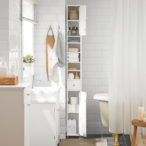 SoBuy BZR34-W Mueble Columna de baño, Armario para baño Alto,estanterías de baño-2 Puertas y 1 cajón H 180 cm ES