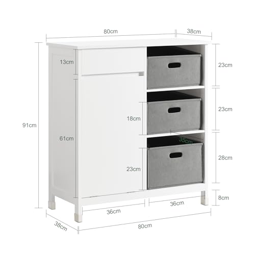 SoBuy BZR77-W Mueble para Ropa Sucia Armario Multifuncional para Baño con 1 Cesto y 1 Cajón 3 Cestos Separados 80 x 38 x 91cm Blanco ES