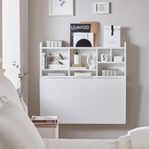 SoBuy FWT07-II-W Mesa Plegable de Pared con Estante Integrado Mesa de Escritorio Color Blanco Mesa de Ordenador 90 x 60 x 78 cm ES