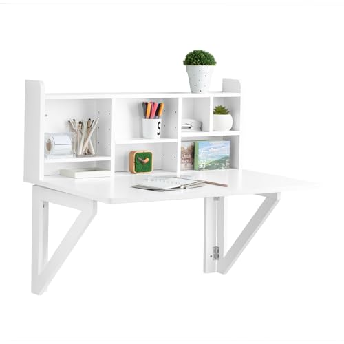 SoBuy FWT07-II-W Mesa Plegable de Pared con Estante Integrado Mesa de Escritorio Color Blanco Mesa de Ordenador 90 x 60 x 78 cm ES