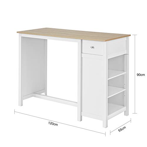 SoBuy FWT64-WN Mesa Barra Bar Mesa Alta de Comedor con 1 Cajón y 3 Estantes Blanco Altura 90cm ES