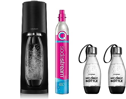 SodaStream Terra Pack - Máquina Gasificadora de Agua Color Negro, Incluye 1 Botella Fuse de 1L 2 Botellas Fuse de 0,5L y 1 Cilindro de Gas Color Rosa, Para Preparar Hasta 60L de Agua con Gas