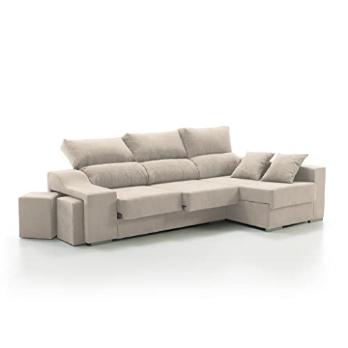 Sofá Chaise Longue Loki Derecha 4 Plazas Arena Sistema de Limpieza ACUALINE Arcón 2 Puffs Asientos Extensibles Tejido Desenfundable