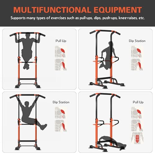 SogesHome Torre de fuerza con estación de inmersión, torre de dominadas multifuncional Power Tower para entrenamiento de fuerza, altura regulable de 190 a 230 cm, barra de dominadas, estación de