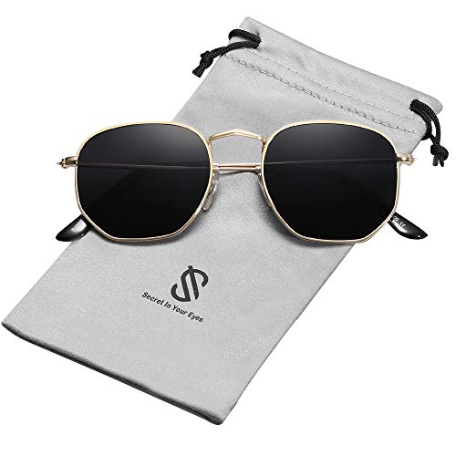 SOJOS Gafas de Sol Polarizado Hombre Mujer Unisex Clásico Polígono Espejo Lentes UV Portección SJ1072 C6 Dorado/Gris