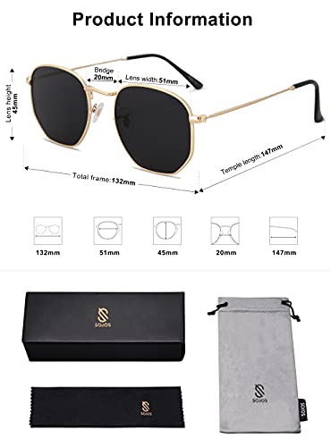 SOJOS Gafas de Sol Polarizado Hombre Mujer Unisex Clásico Polígono Espejo Lentes UV Portección SJ1072 C6 Dorado/Gris