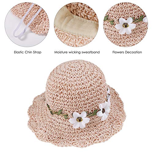 Sombrero de Paja Niñas Anti UV Gorra de Sol Chica de Playa con Flores para Viaje Beach Piscina al Aire Libre 50-52cm Rosa