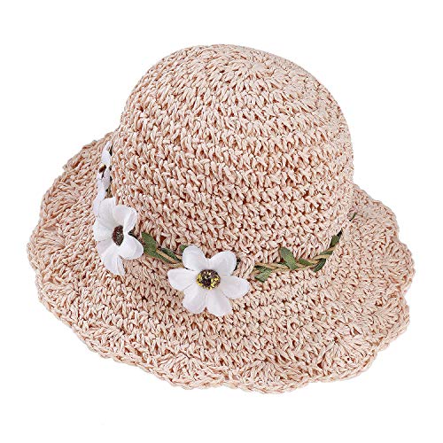 Sombrero de Paja Niñas Anti UV Gorra de Sol Chica de Playa con Flores para Viaje Beach Piscina al Aire Libre 50-52cm Rosa