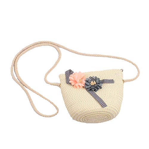 Sombrero de Verano para Niñas, Bolso Pequeño para Niñas,Traje de Sombrero de Paja para Niñas, Sombrero de Visera de Flores, Sombrero de Paja para Niños y Bolso Pequeño (Blanco Lechoso)