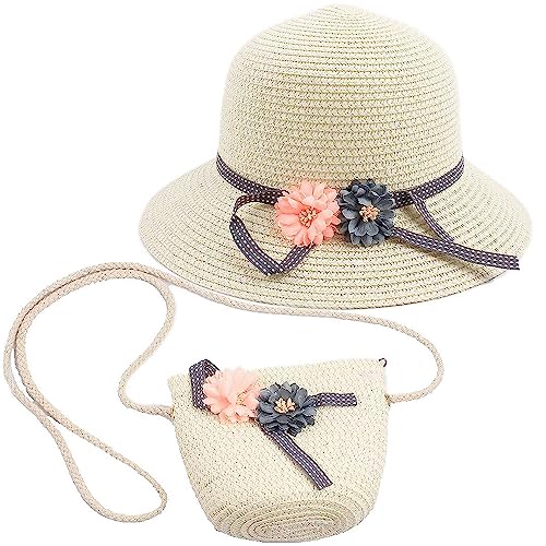 Sombrero de Verano para Niñas, Bolso Pequeño para Niñas,Traje de Sombrero de Paja para Niñas, Sombrero de Visera de Flores, Sombrero de Paja para Niños y Bolso Pequeño (Blanco Lechoso)