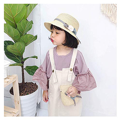 Sombrero de Verano para Niñas, Bolso Pequeño para Niñas,Traje de Sombrero de Paja para Niñas, Sombrero de Visera de Flores, Sombrero de Paja para Niños y Bolso Pequeño (Blanco Lechoso)