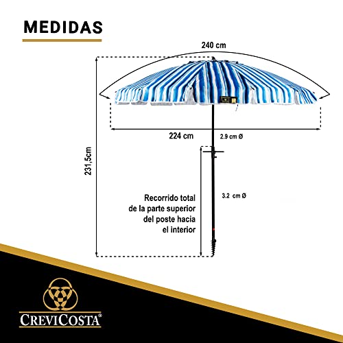 Sombrilla Playa Modelo Azores 240cm con Espiral y Poste de Recorrido Total. 16 varillas. Grande y llamativa. Protección Total contra los Rayos UV