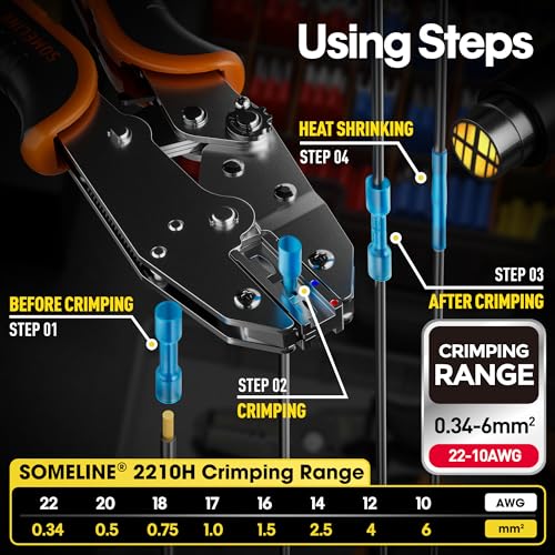 SOMELINE juego de alicates para engarzar conectores a tope, alicates para conectores a tope 0,5-6 mm²,100 piezas conectores a tope con tubo retráctil, juego de alicates para engarzar conectores a tope