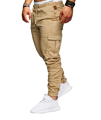 SOMTHRON Hombre Cinturón de Cintura elástico Pantalones de chándal de algodón Largo Jogging Pantalones de Carga Deportiva de Talla Grande Pantalones Cortos con Bolsillos Pantalones (KH-4XL)