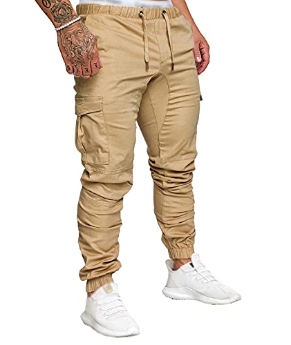 SOMTHRON Hombre Cinturón de Cintura elástico Pantalones de chándal de algodón Largo Jogging Pantalones de Carga Deportiva de Talla Grande Pantalones Cortos con Bolsillos Pantalones (KH-4XL)