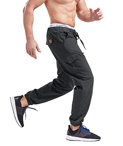 SOMTHRON Hombre Cinturón de Cintura elástico Pantalones de chándal de algodón Largo Jogging Pantalones de Carga Deportiva de Talla Grande Pantalones Cortos con Bolsillos Pantalones (DG-L)