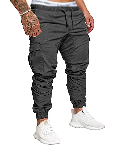 SOMTHRON Hombre Cinturón de Cintura elástico Pantalones de chándal de algodón Largo Jogging Pantalones de Carga Deportiva de Talla Grande Pantalones Cortos con Bolsillos Pantalones (DG-L)