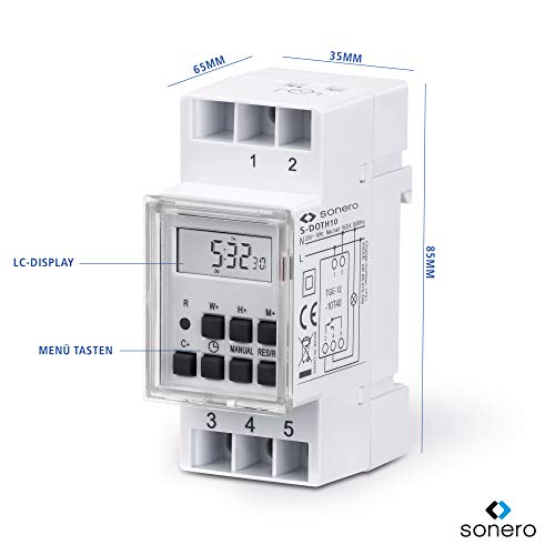 Sonero Temporizador Digital para instalación en riel de Perfil de Sombrero en Panel de Control, 3600W, Pantalla LCD, 10 programas de conmutación, Temporizador 12/24 h, IP20, Blanco (S-DOTH10)