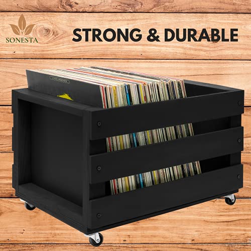 SONESTA - Caja organizadora para Discos de Vinilo LP - Mueble de Maderas con Ruedas para 80-100 Discos - Estilo Vintage Retro - Caja de Almacenamiento Grande para vinilos | XL - 46x33x26 cm