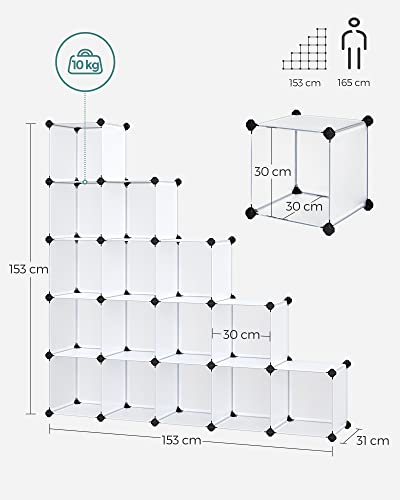 SONGMICS Armario Modular, Armario 16 Cubos, Zapatero Modular, Cubos Apilables, Estante de Plástico PP, Divisor Armario, para Dormitorio, Oficina, 31 x 123 x 123 cm, Blanco LPC44L