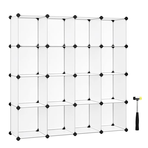 SONGMICS Armario Modular, Armario 16 Cubos, Zapatero Modular, Cubos Apilables, Estante de Plástico PP, Divisor Armario, para Dormitorio, Oficina, 31 x 123 x 123 cm, Blanco LPC44L