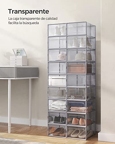 SONGMICS Cajas de Zapatos Plástico, Juego de 18 Organizadores de Almacenamiento, Caja Zapatero Plástico Plegable y Apilable para Zapatillas hasta talla 44, Transparente y Gris LSP006G18