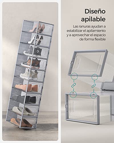 SONGMICS Cajas de Zapatos Plástico, Juego de 18 Organizadores de Almacenamiento, Caja Zapatero Plástico Plegable y Apilable para Zapatillas hasta talla 44, Transparente y Gris LSP006G18