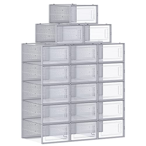 SONGMICS Cajas de Zapatos Plástico, Juego de 18 Organizadores de Almacenamiento, Caja Zapatero Plástico Plegable y Apilable para Zapatillas hasta talla 44, Transparente y Gris LSP006G18