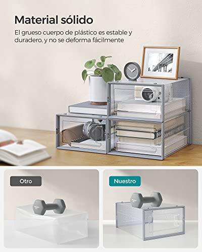 SONGMICS Cajas de Zapatos Plástico, Juego de 18 Organizadores de Almacenamiento, Caja Zapatero Plástico Plegable y Apilable para Zapatillas hasta talla 44, Transparente y Gris LSP006G18