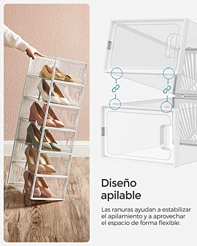 SONGMICS Cajas para Zapatos Transparentes, 18 Cajas de Zapatos, Organizadores Plegables, Talla 44, Apilables, para Exponer Zapatillas, Tacones Altos, Transparente y Blanco LSP106W18