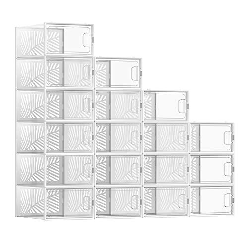 SONGMICS Cajas para Zapatos Transparentes, 18 Cajas de Zapatos, Organizadores Plegables, Talla 44, Apilables, para Exponer Zapatillas, Tacones Altos, Transparente y Blanco LSP106W18