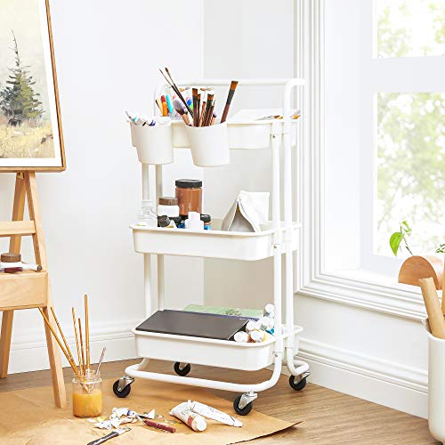 SONGMICS Carrito móvil con 3 Niveles, con Ruedas, Estante de Almacenamiento, con asa, 2 recipientes, 2 Frenos, cestas de plástico, Montaje fácil, para Dormitorio y Cocina, Blanco, BSC067W01