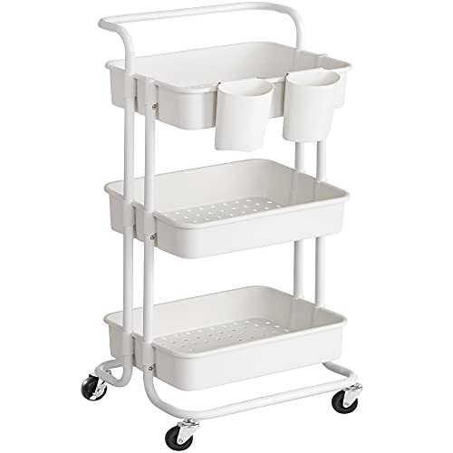 SONGMICS Carrito móvil con 3 Niveles, con Ruedas, Estante de Almacenamiento, con asa, 2 recipientes, 2 Frenos, cestas de plástico, Montaje fácil, para Dormitorio y Cocina, Blanco, BSC067W01