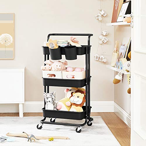 SONGMICS Carro rodante, Caritro de Almacenamiento de 3 Niveles, con Mango, 2 organizadores pequeños, Marco de Acero, cestas de plástico, para Dormitorio, lavadero del baño, Negro BSC067B01