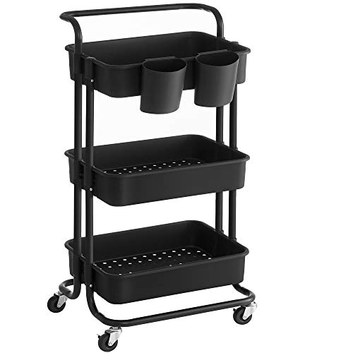 SONGMICS Carro rodante, Caritro de Almacenamiento de 3 Niveles, con Mango, 2 organizadores pequeños, Marco de Acero, cestas de plástico, para Dormitorio, lavadero del baño, Negro BSC067B01