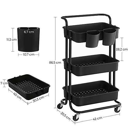 SONGMICS Carro rodante, Caritro de Almacenamiento de 3 Niveles, con Mango, 2 organizadores pequeños, Marco de Acero, cestas de plástico, para Dormitorio, lavadero del baño, Negro BSC067B01