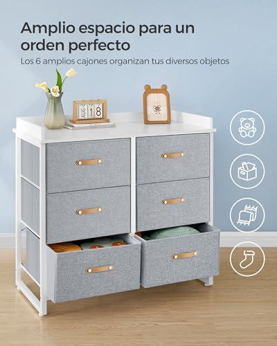 SONGMICS Cómoda para Dormitorio Infantil, Cajonera con 6 Cajones para Habitación Infantil, Gabinete Resistente al Agua, Armario para Entrada, Salón, Gris GKR101G01