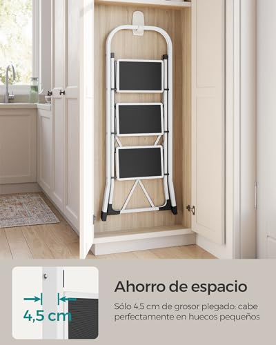 SONGMICS Escalera Plegable, Escalera con 3 Peldaños, Bloqueo de Seguridad, Fácil de Guardar, Carga hasta 150 kg, Blanco Simple GSL03WT