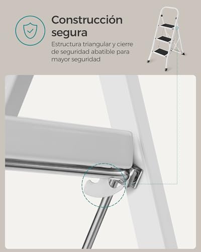 SONGMICS Escalera Plegable, Escalera con 3 Peldaños, Bloqueo de Seguridad, Fácil de Guardar, Carga hasta 150 kg, Blanco Simple GSL03WT