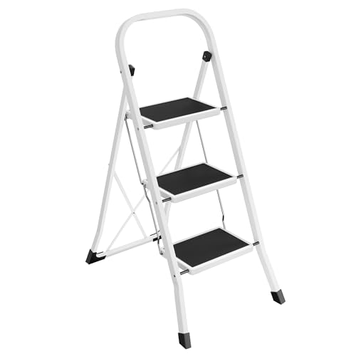 SONGMICS Escalera Plegable, Escalera con 3 Peldaños, Bloqueo de Seguridad, Fácil de Guardar, Carga hasta 150 kg, Blanco Simple GSL03WT