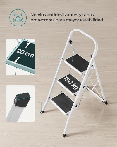 SONGMICS Escalera Plegable, Escalera con 3 Peldaños, Bloqueo de Seguridad, Fácil de Guardar, Carga hasta 150 kg, Blanco Simple GSL03WT