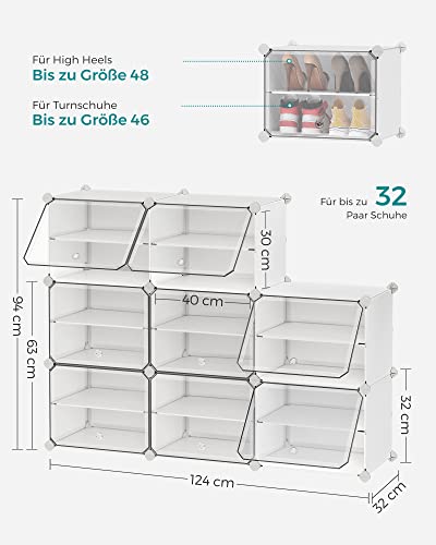 SONGMICS Mueble Zapatero, 8 Compartimentos, Estantería Modular, 30 x 40 x 30 cm Cada Cubo, con Puerta, Marco de Acero, Paneles de Plástico, Blanco LPC034W01