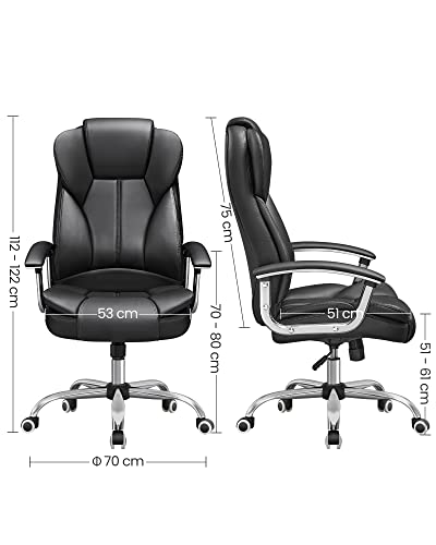 SONGMICS Silla de Oficina con Asiento Expandido, Silla ejecutiva con reposacabezas y conjín engrosados, Altura Ajustable, Diseño ergonómico, Negro OBG57B