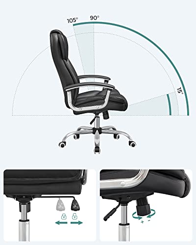 SONGMICS Silla de Oficina con Asiento Expandido, Silla ejecutiva con reposacabezas y conjín engrosados, Altura Ajustable, Diseño ergonómico, Negro OBG57B