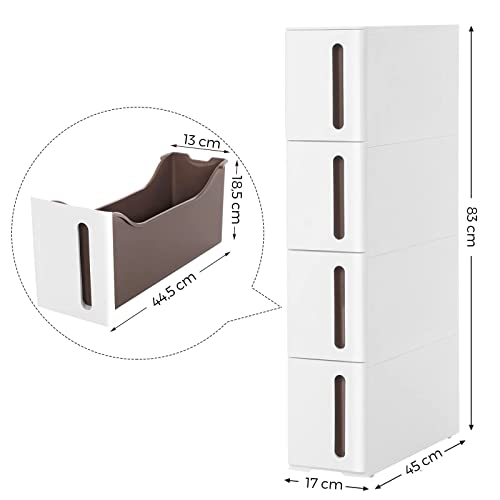 SONGMICS Torre de Almacenamiento con Ruedas, Columna para Cocina Estrecha, Estante de plástico con 4 Niveles, Ahorro de Espacio, 45 x 17 x 84 cm, Blanco y marrón, KFR08WT