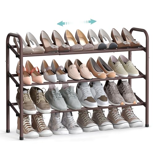 SONGMICS Zapatero Extensible, Zapatero de Metal de 3 Niveles, Organizador de Zapatos Ajustable, Estante Zapatos para Pasillo, Armario, Puerta, Fácil Montaje, Bronce LMR039A01