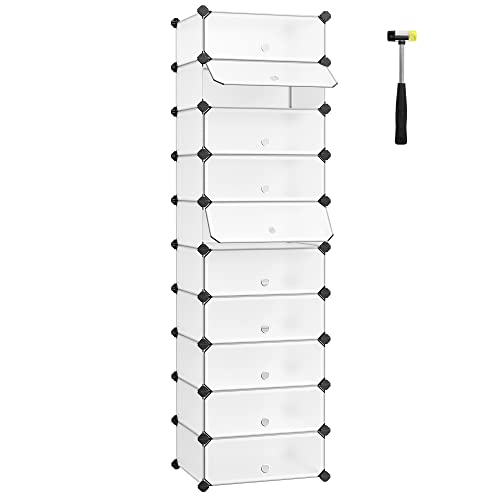 SONGMICS Zapatero Modular con 10 Compartimentos, Estantería de Plástico, Cajas DIY, con Puerta, con Martillo, Blanco LPC10W